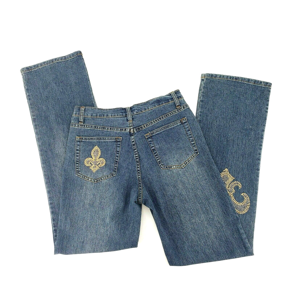 Belle Sport Womens Size 8 Blue Fleur De Lis Studded Leg and Pocket Denim Jeans